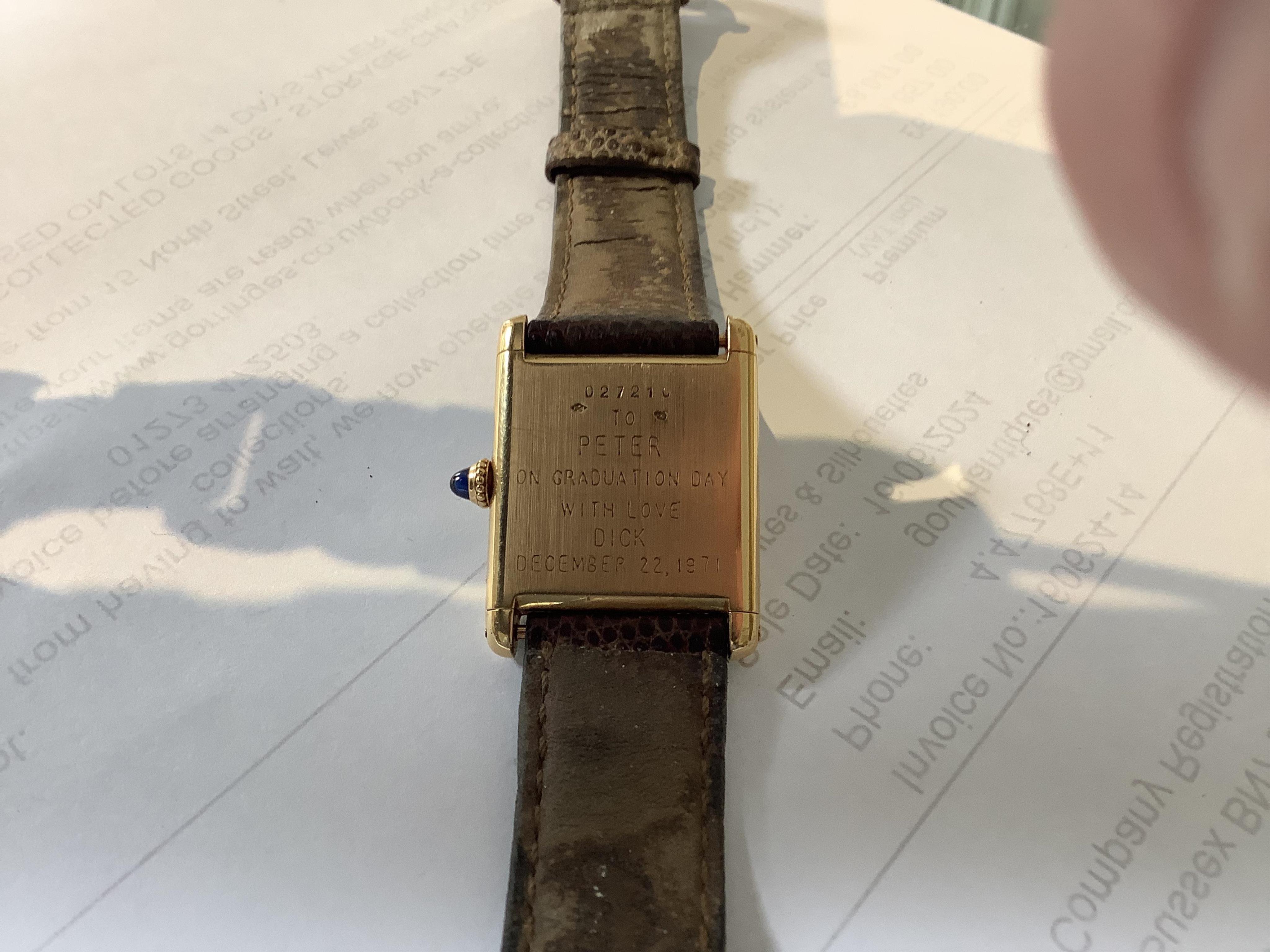Richard Avedon (American, 1923-2004), a Cartier 18ct. gold tank manual wind wrist watch
